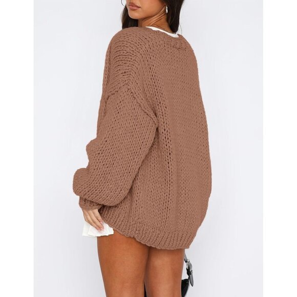 Womens Trendy Cardigan Sweaters Red Camel Long Sleeve Chunky Knit Outfits - Picture 2 of 8